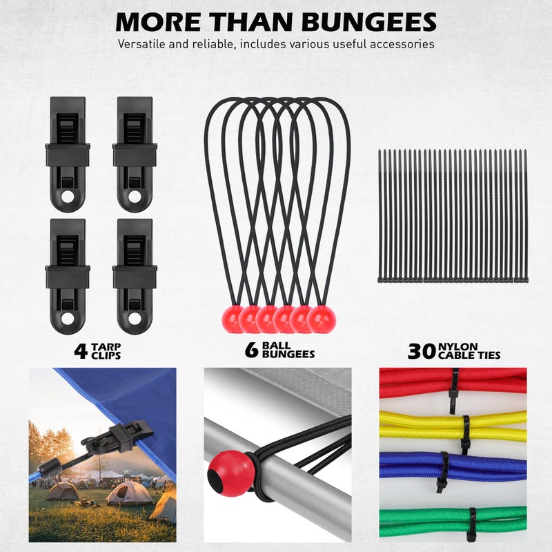 SEDY 60-Piece Bungee Cords Assorted Sizes - 10" 18" 24" 32" 40" Bungee Cords with Hooks, Heavy Duty Outdoor, Large Medium Small Mini Elastic Canopy Tarp Bungee Ball Ties Tarp Clips Organizer - Image 4